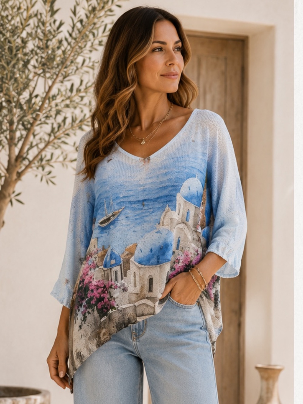 MADE IN ITALY 🇮🇹 Santorini Scenic V-Neck Knit Top - Light Blue